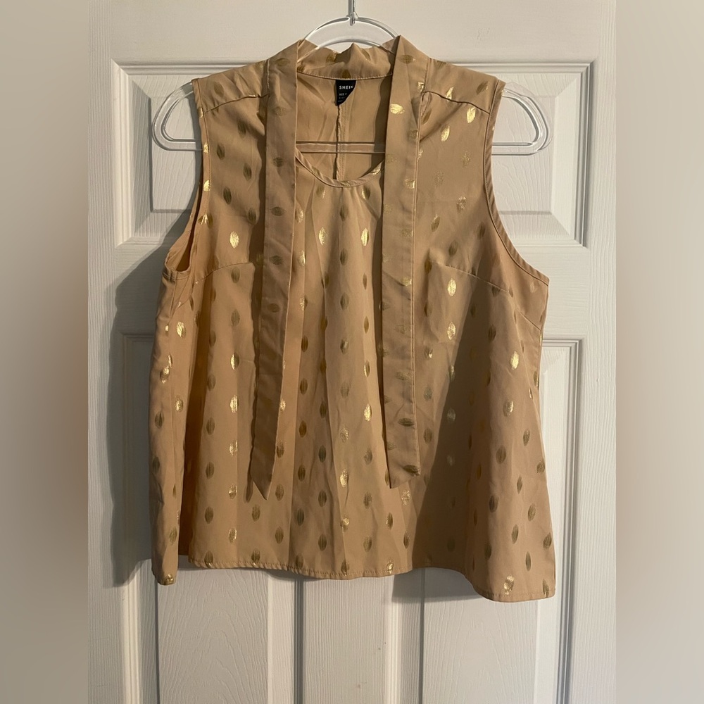 Sleeveless Gold Dot Tie-Neck Blouse - Size Large